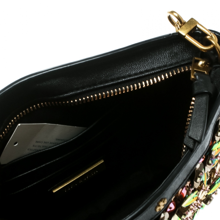 Pre Owned Tory Burch Black/Multicolor Leather and Sequin Floral Embellished Clutch