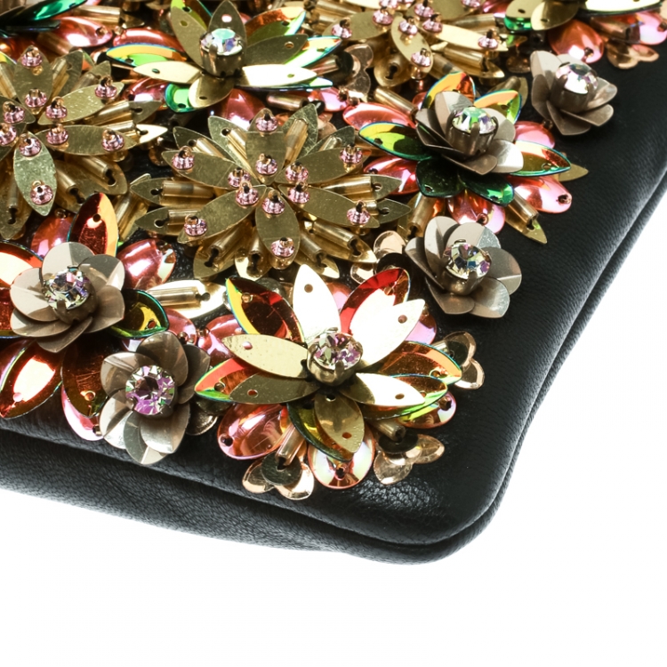 Pre Owned Tory Burch Black/Multicolor Leather and Sequin Floral Embellished Clutch