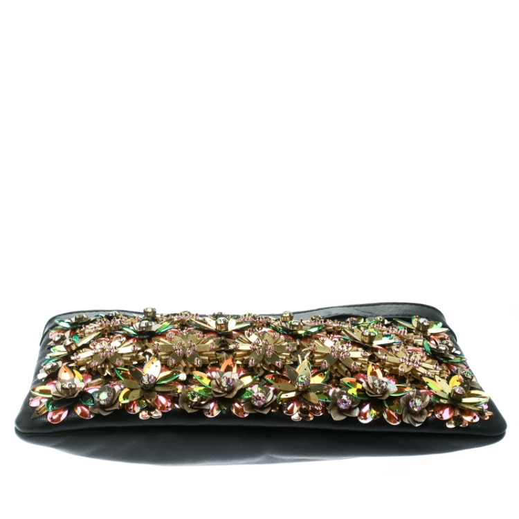 Pre Owned Tory Burch Black/Multicolor Leather and Sequin Floral Embellished Clutch