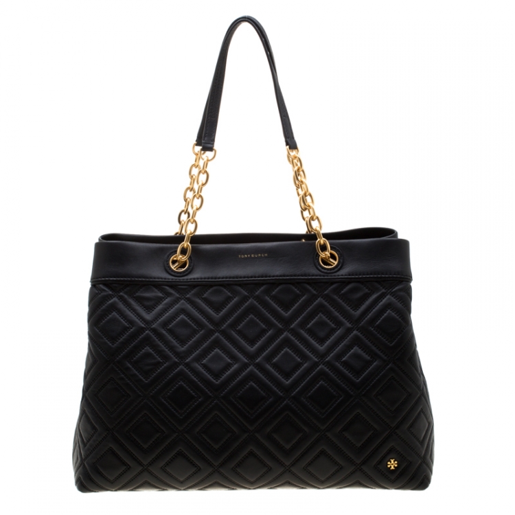 Authentic Tory Burch Black Quilted Leather fashion Small Fleming Tote.