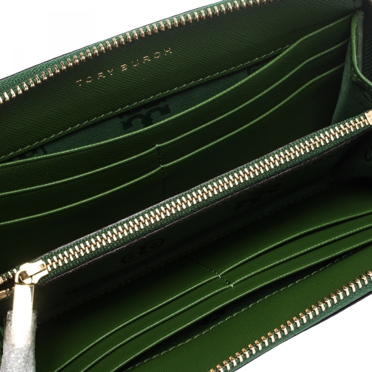Pre Owned Tory Burch Green Leather Ultra Stitched Robinson Zip Around Wallet