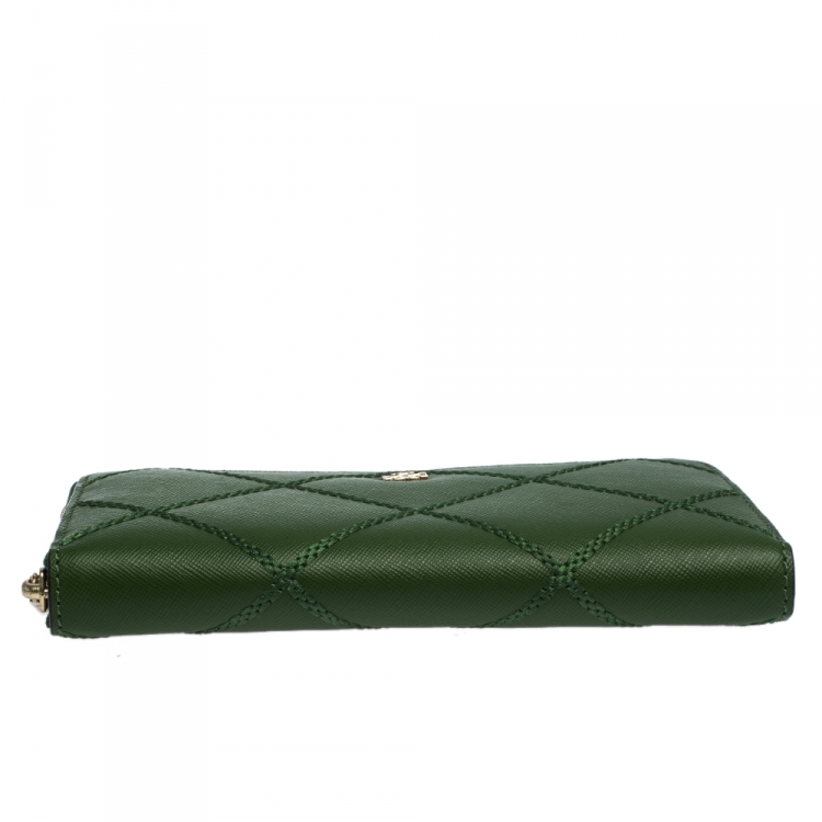 Pre Owned Tory Burch Green Leather Ultra Stitched Robinson Zip Around Wallet