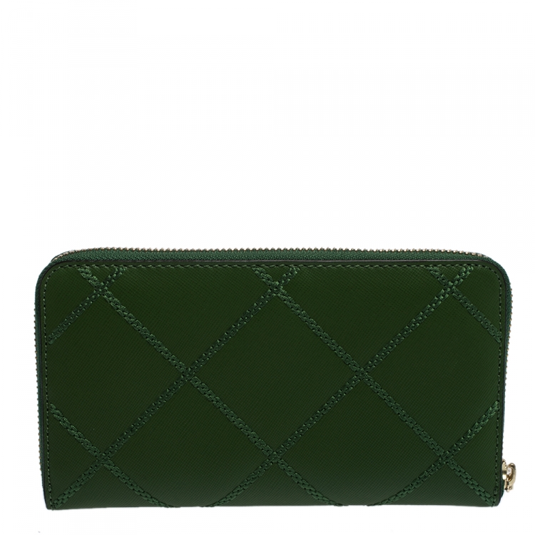 Pre Owned Tory Burch Green Leather Ultra Stitched Robinson Zip Around Wallet