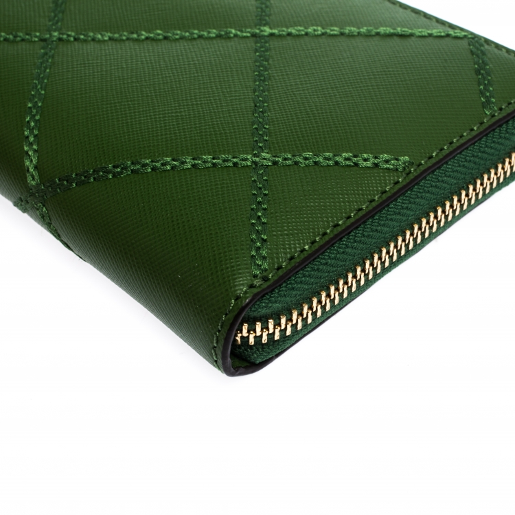 Pre Owned Tory Burch Green Leather Ultra Stitched Robinson Zip Around Wallet