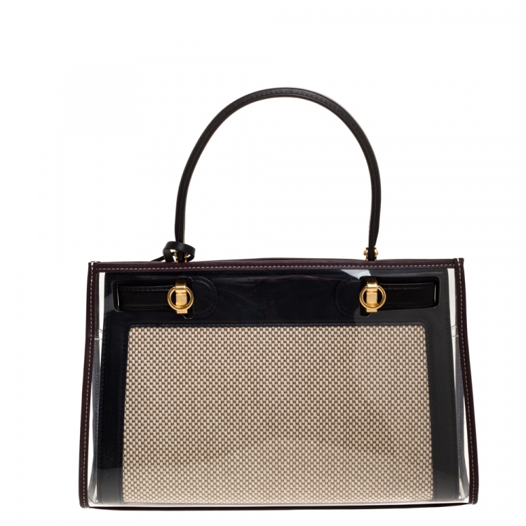 Pre Owned Tory Burch Black/Beige Leather and Canvas Lee Radziwill Top Handle Bag with Rain Cover