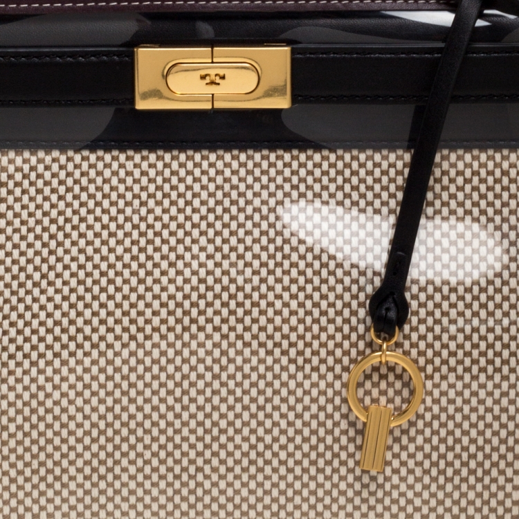 Pre Owned Tory Burch Black/Beige Leather and Canvas Lee Radziwill Top Handle Bag with Rain Cover