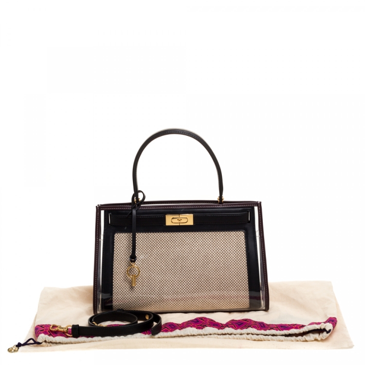 Pre Owned Tory Burch Black/Beige Leather and Canvas Lee Radziwill Top Handle Bag with Rain Cover