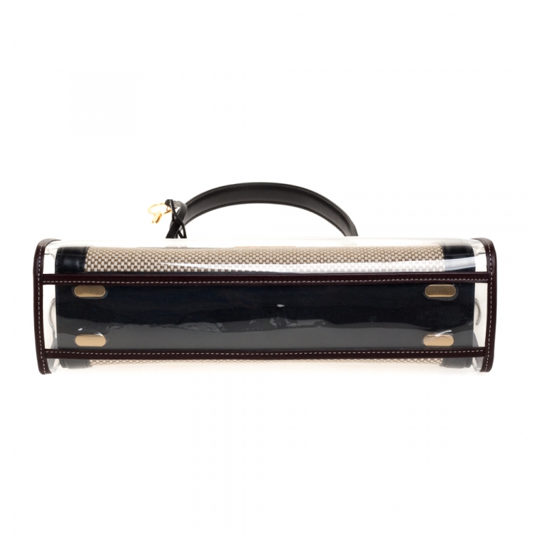 Pre Owned Tory Burch Black/Beige Leather and Canvas Lee Radziwill Top Handle Bag with Rain Cover