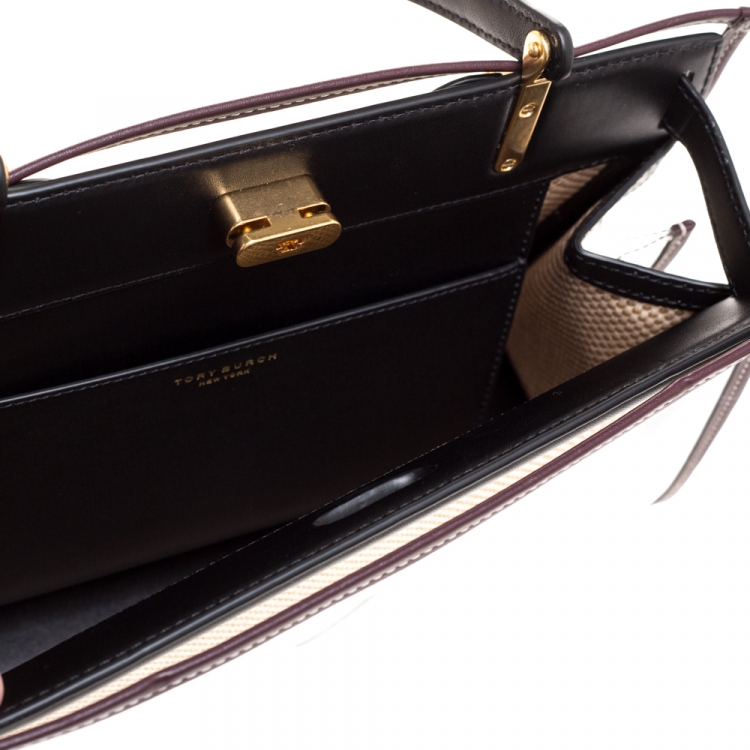 Pre Owned Tory Burch Black/Beige Leather and Canvas Lee Radziwill Top Handle Bag with Rain Cover