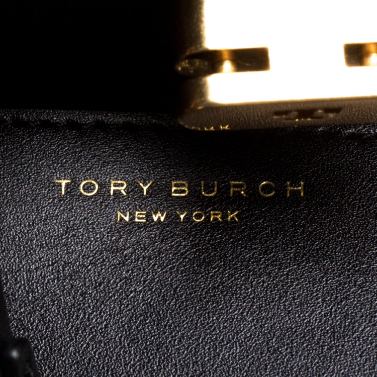 Pre Owned Tory Burch Black/Beige Leather and Canvas Lee Radziwill Top Handle Bag with Rain Cover