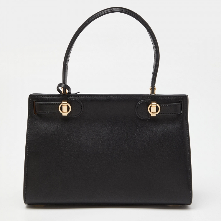 Pre Owned Tory Burch Black Leather Small Lee Radziwill Top Handle Bag