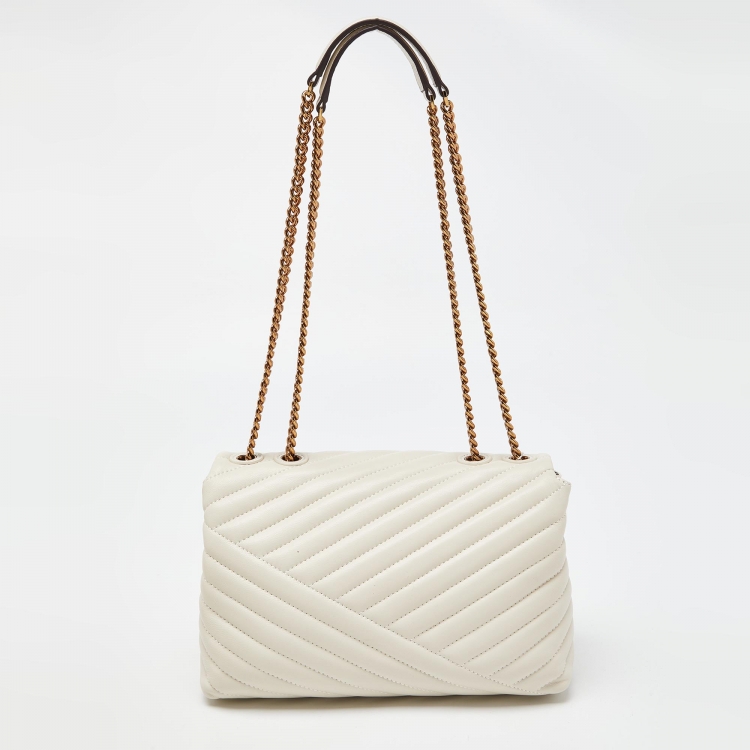 Pre Owned Tory Burch Off White  Chevron Leather Kira Flap Shoulder Bag