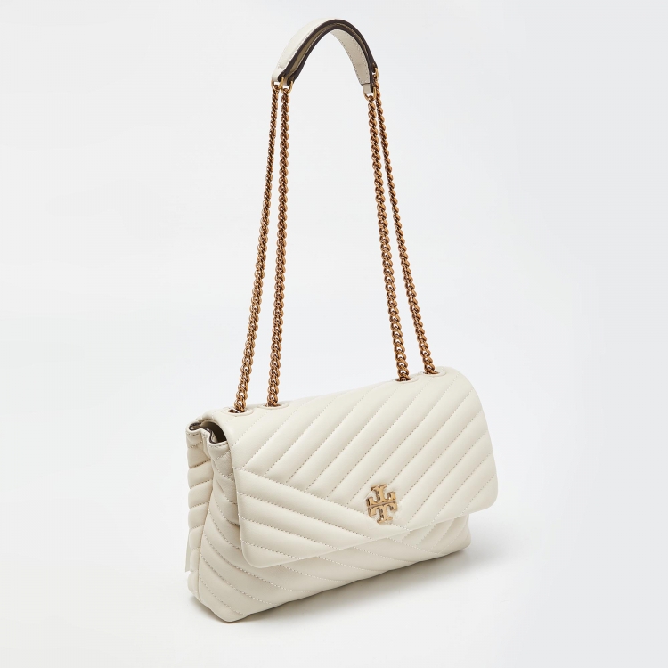 Pre Owned Tory Burch Off White  Chevron Leather Kira Flap Shoulder Bag