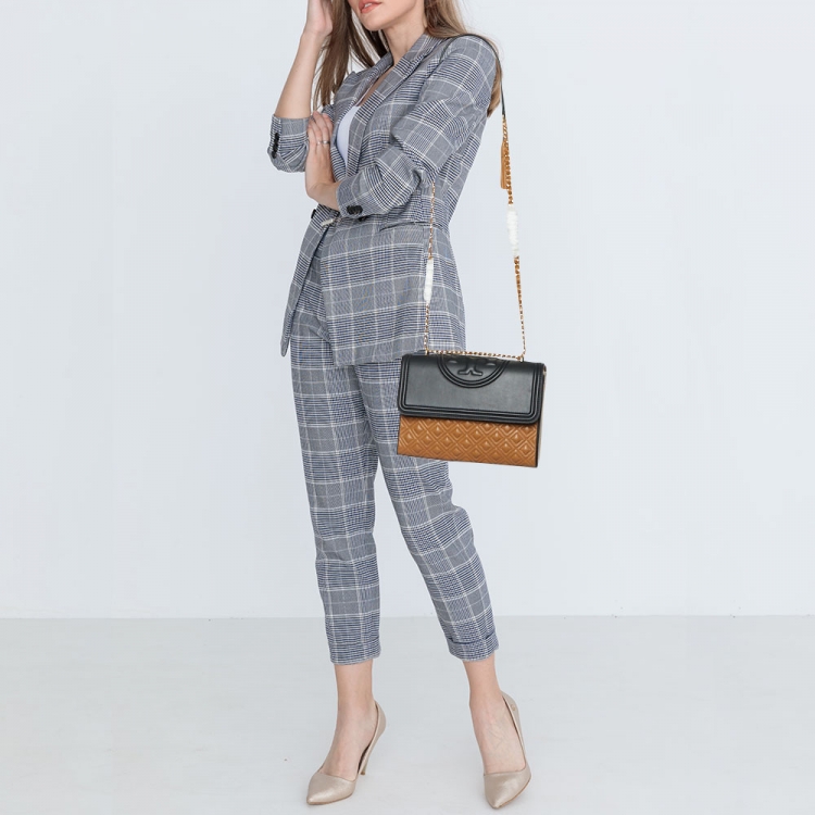 Pre Owned Tory Burch Tri Color Quilted Leather Color Block Fleming Shoulder Bag