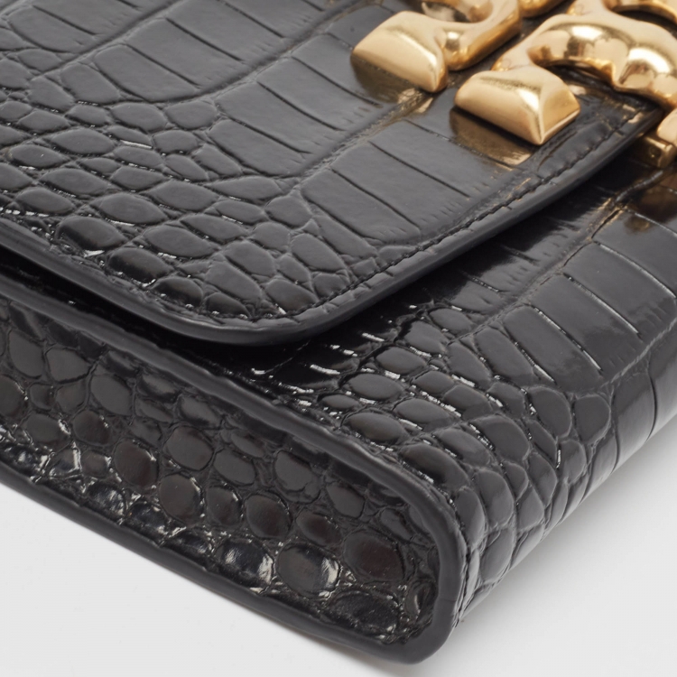 Pre Owned Tory Burch Croc Embossed Leather Eleanor Chain Clutch