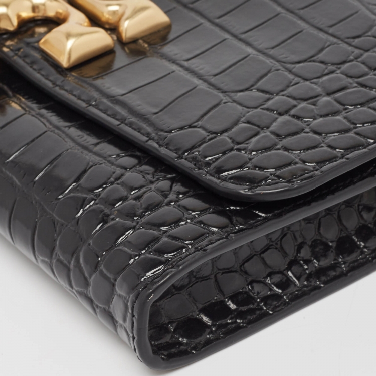 Pre Owned Tory Burch Croc Embossed Leather Eleanor Chain Clutch