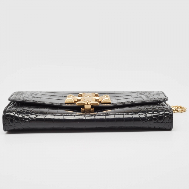 Pre Owned Tory Burch Croc Embossed Leather Eleanor Chain Clutch