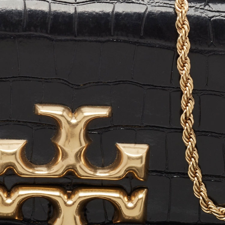 Pre Owned Tory Burch Croc Embossed Leather Eleanor Chain Clutch