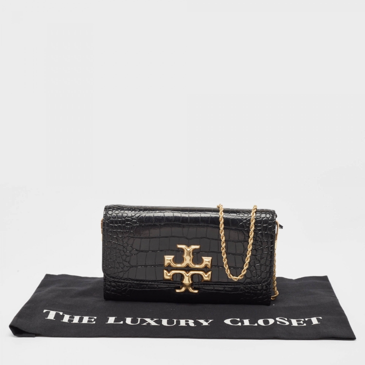 Pre Owned Tory Burch Croc Embossed Leather Eleanor Chain Clutch