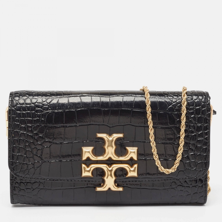 Pre Owned Tory Burch Croc Embossed Leather Eleanor Chain Clutch