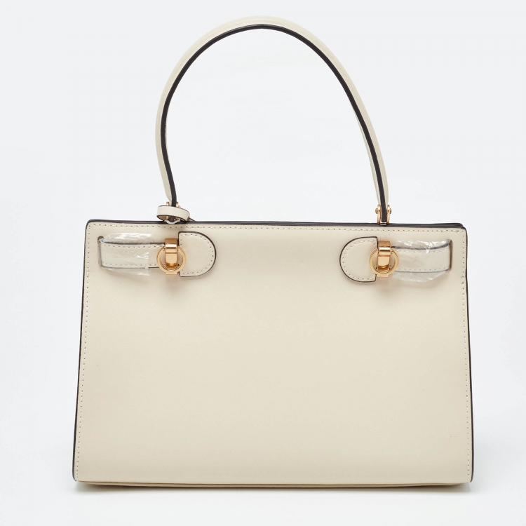 Pre Owned Tory Burch Cream Leather Small Lee Radziwill Top Handle Bag