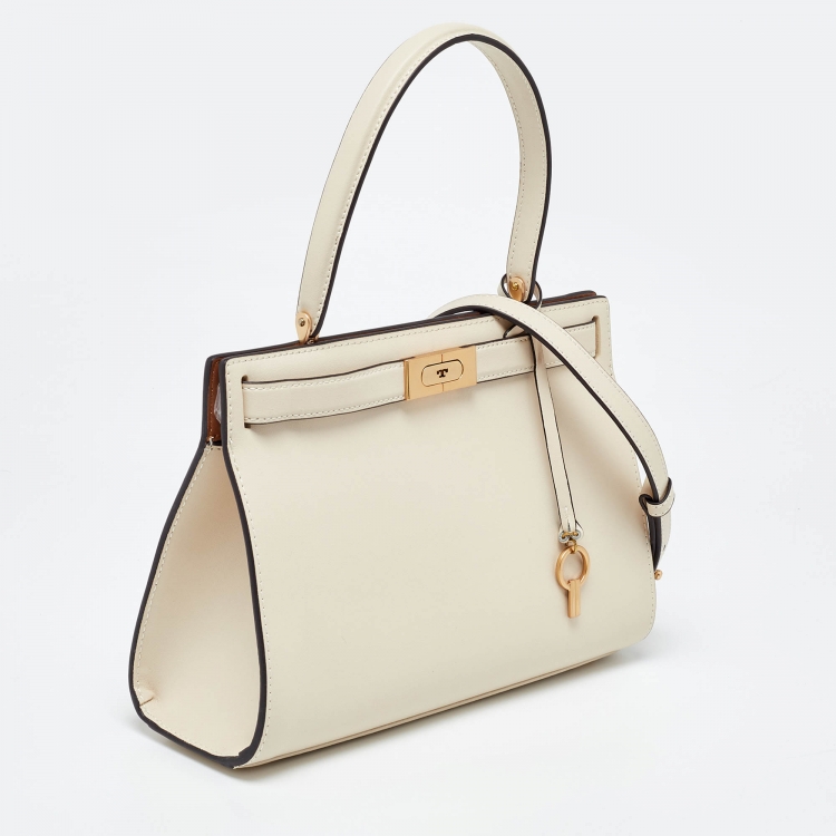 Pre Owned Tory Burch Cream Leather Small Lee Radziwill Top Handle Bag