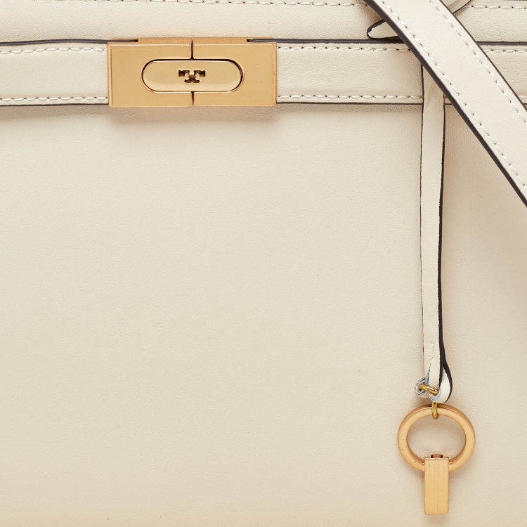 Pre Owned Tory Burch Cream Leather Small Lee Radziwill Top Handle Bag