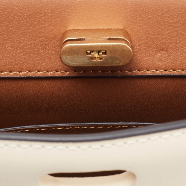 Pre Owned Tory Burch Cream Leather Small Lee Radziwill Top Handle Bag