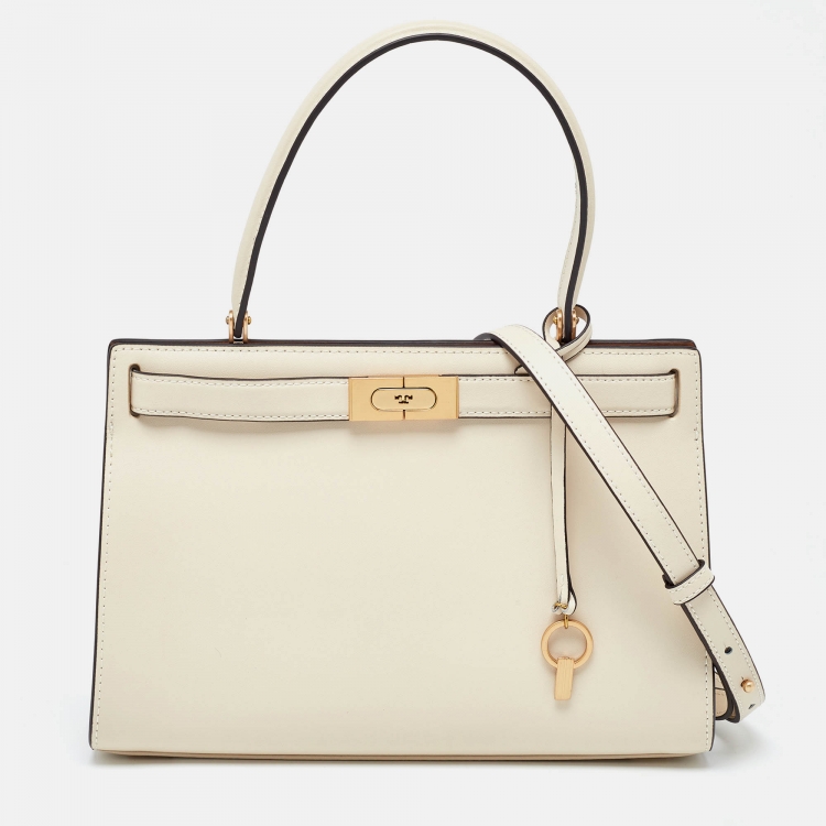 Pre Owned Tory Burch Cream Leather Small Lee Radziwill Top Handle Bag