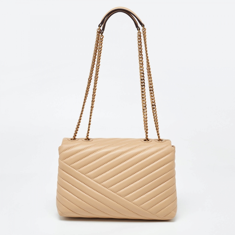 Pre Owned Tory Burch Beige Chevron Leather Kira Shoulder Bag