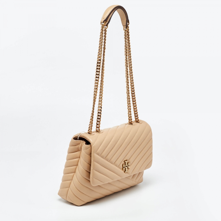 Pre Owned Tory Burch Beige Chevron Leather Kira Shoulder Bag