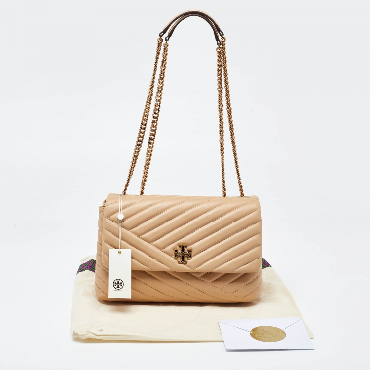 Pre Owned Tory Burch Beige Chevron Leather Kira Shoulder Bag