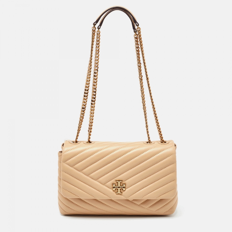 Pre Owned Tory Burch Beige Chevron Leather Kira Shoulder Bag