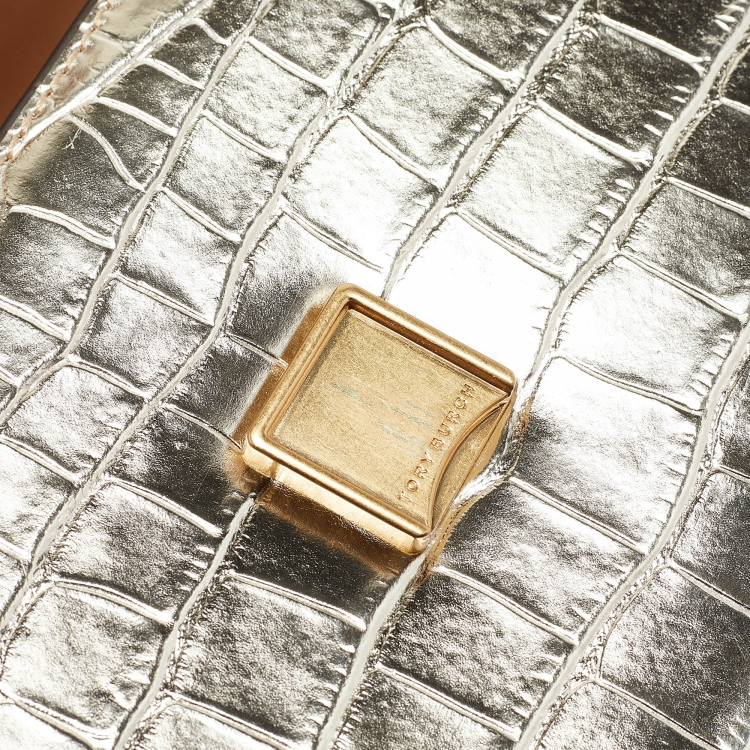 Pre Owned Tory Burch Gold Croc Embossed Leather Small Eleanor Shoulder Bag