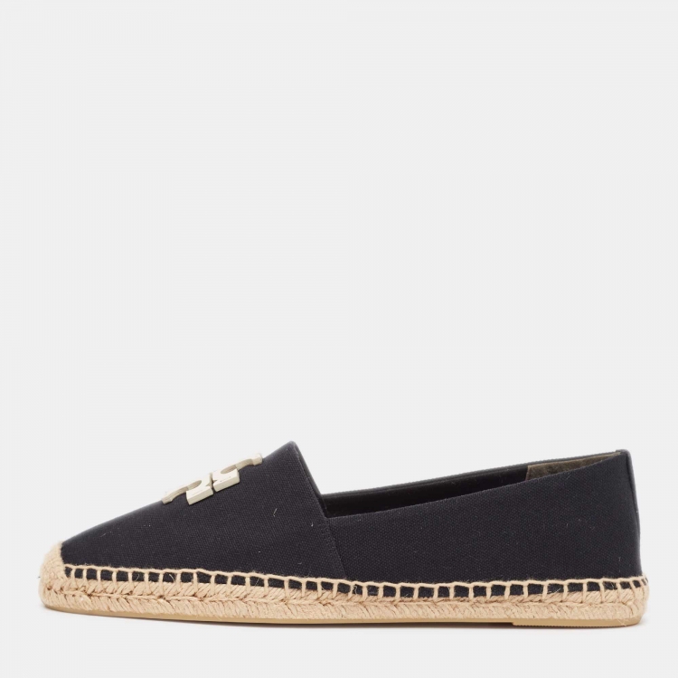 Pre Owned Tory Burch Black/White Canvas Slip On Espadrille Flats Size 41