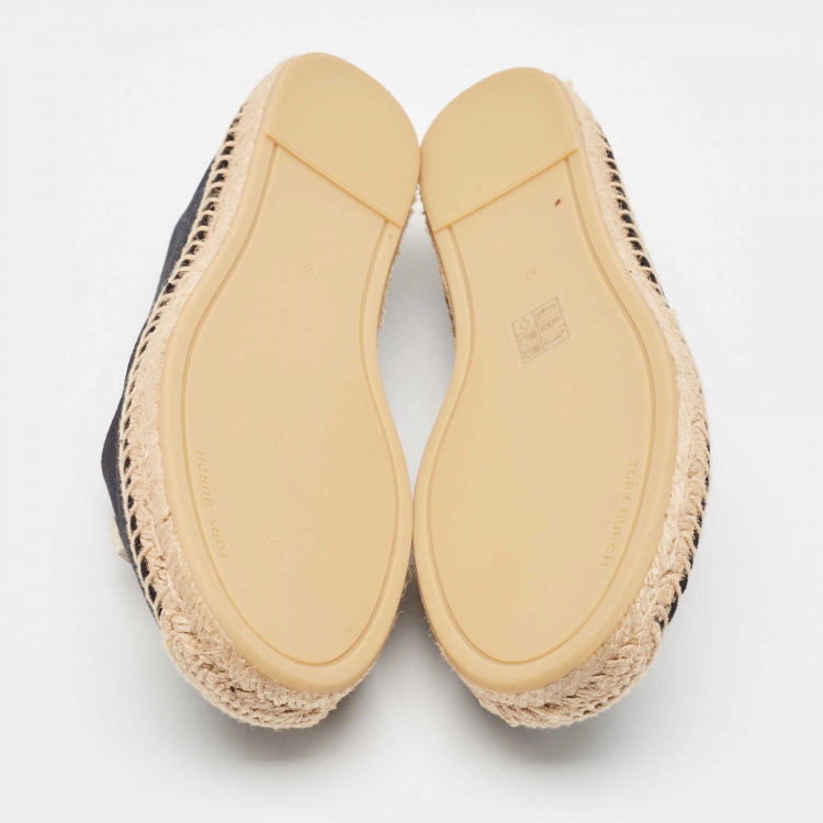 Pre Owned Tory Burch Black/White Canvas Slip On Espadrille Flats Size 41