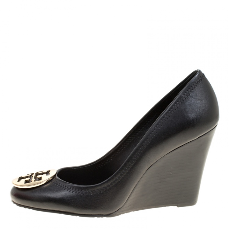 Pre Owned Tory Burch Black Leather Sally Wedge Pumps Size 40
