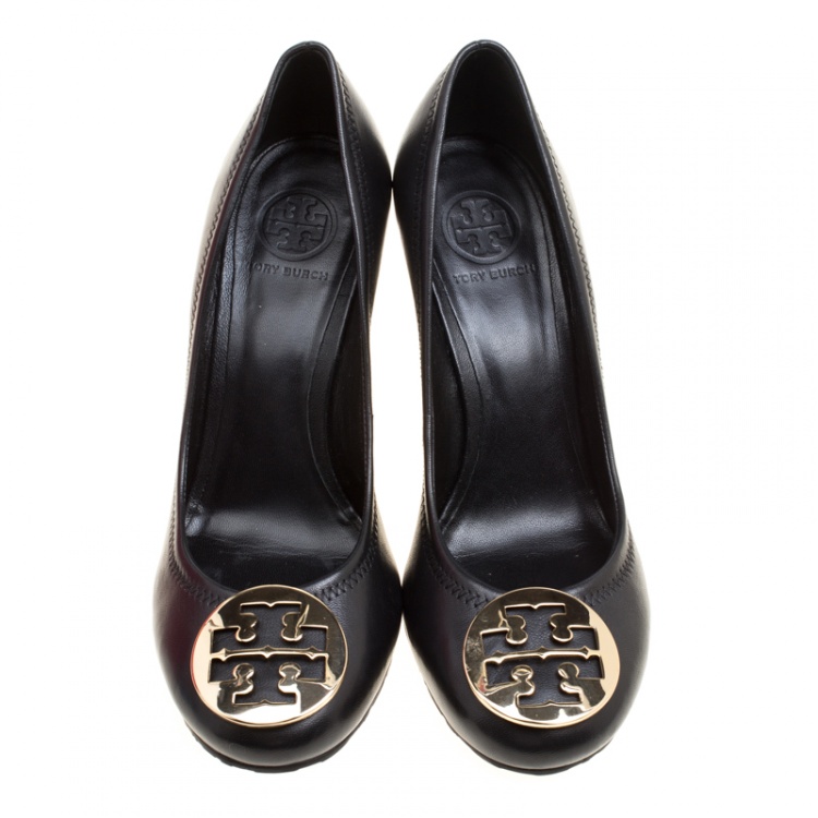 Pre Owned Tory Burch Black Leather Sally Wedge Pumps Size 40
