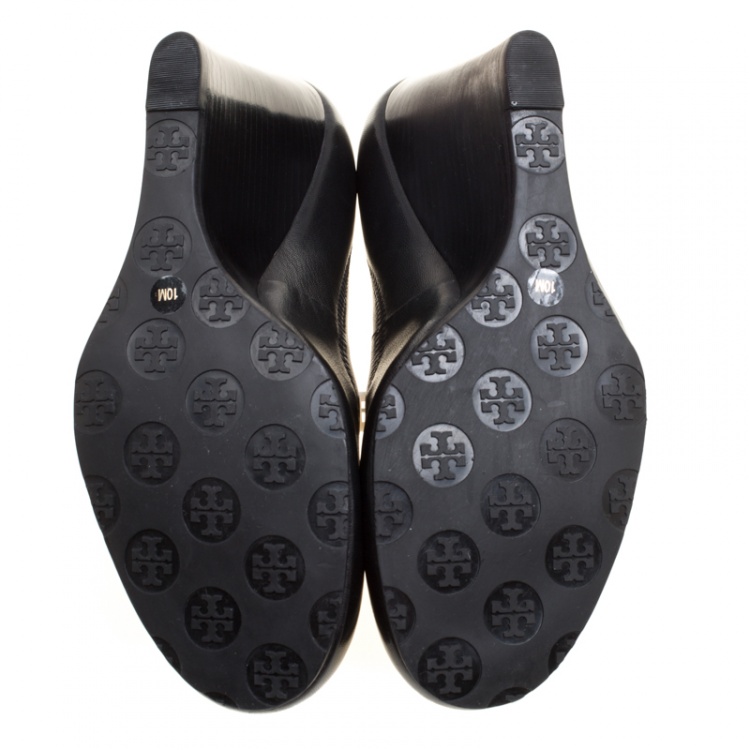 Pre Owned Tory Burch Black Leather Sally Wedge Pumps Size 40
