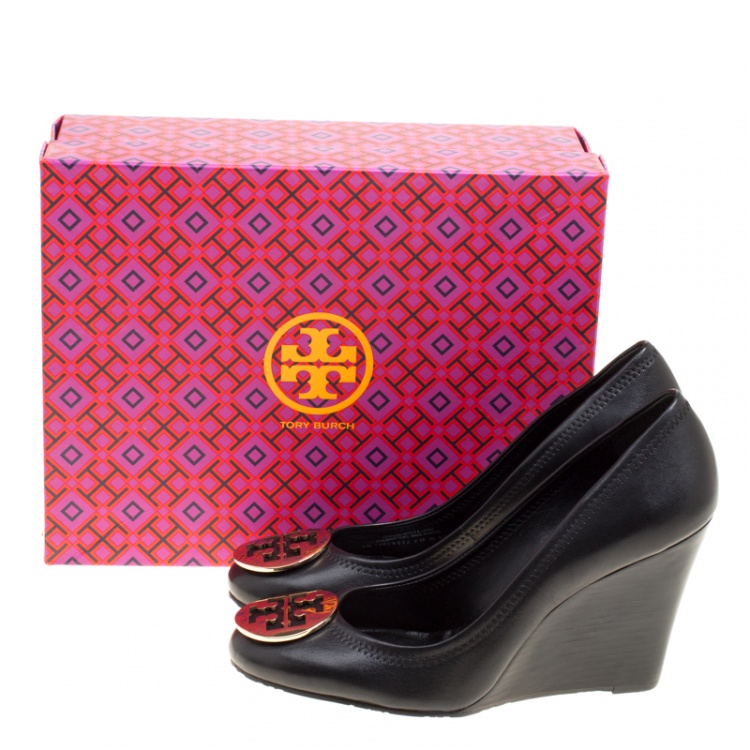 Pre Owned Tory Burch Black Leather Sally Wedge Pumps Size 40