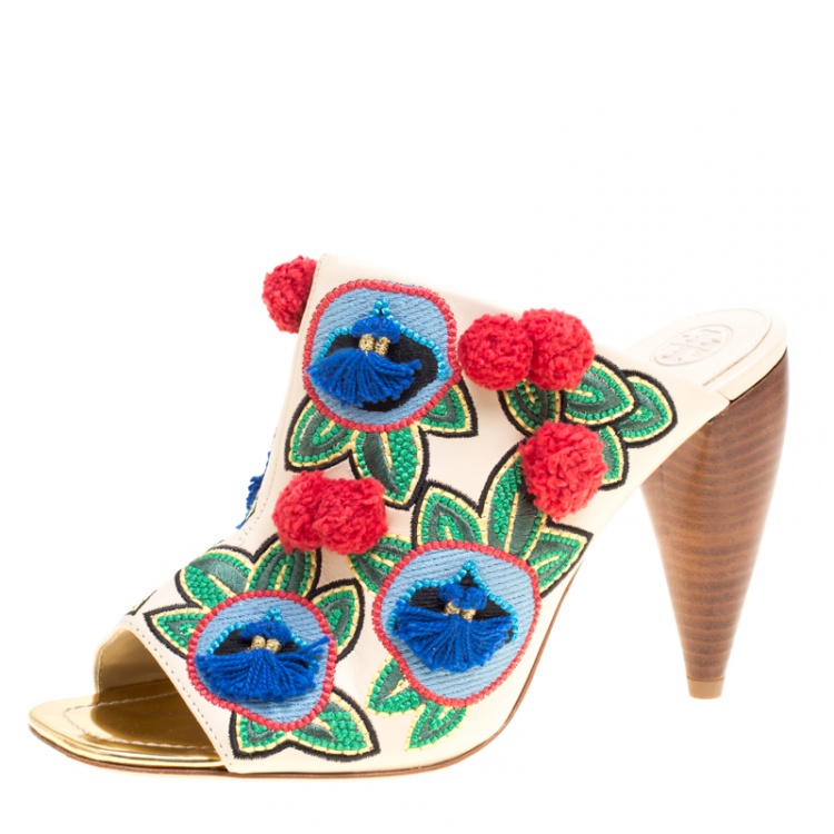 مملوكة مسبقًا Tory Burch Multicolor Embroidered Leather Ellis Peep Toe Mules Size 40