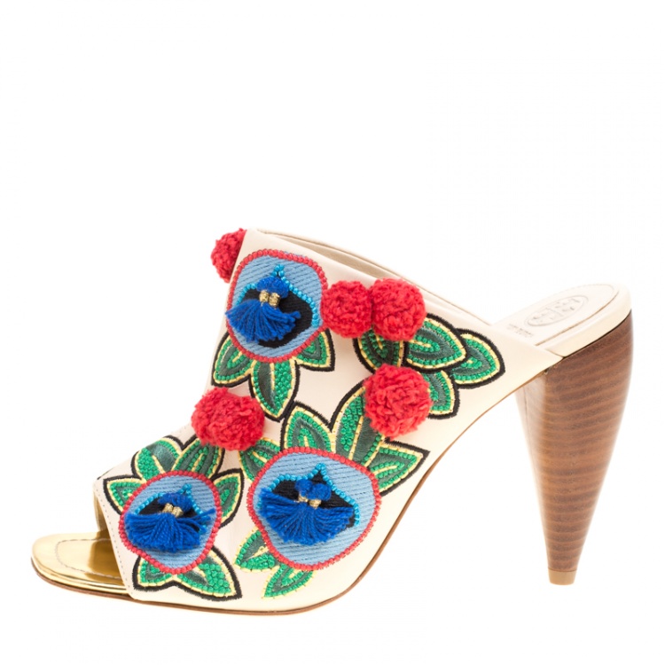 مملوكة مسبقًا Tory Burch Multicolor Embroidered Leather Ellis Peep Toe Mules Size 40