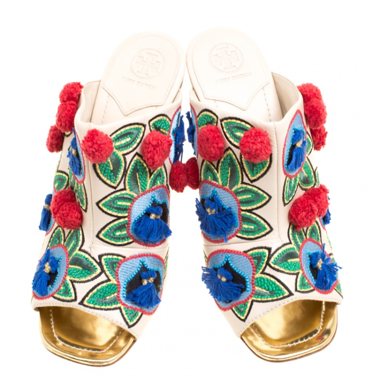 مملوكة مسبقًا Tory Burch Multicolor Embroidered Leather Ellis Peep Toe Mules Size 40