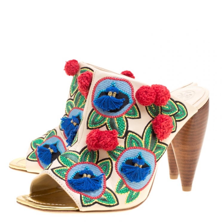 مملوكة مسبقًا Tory Burch Multicolor Embroidered Leather Ellis Peep Toe Mules Size 40