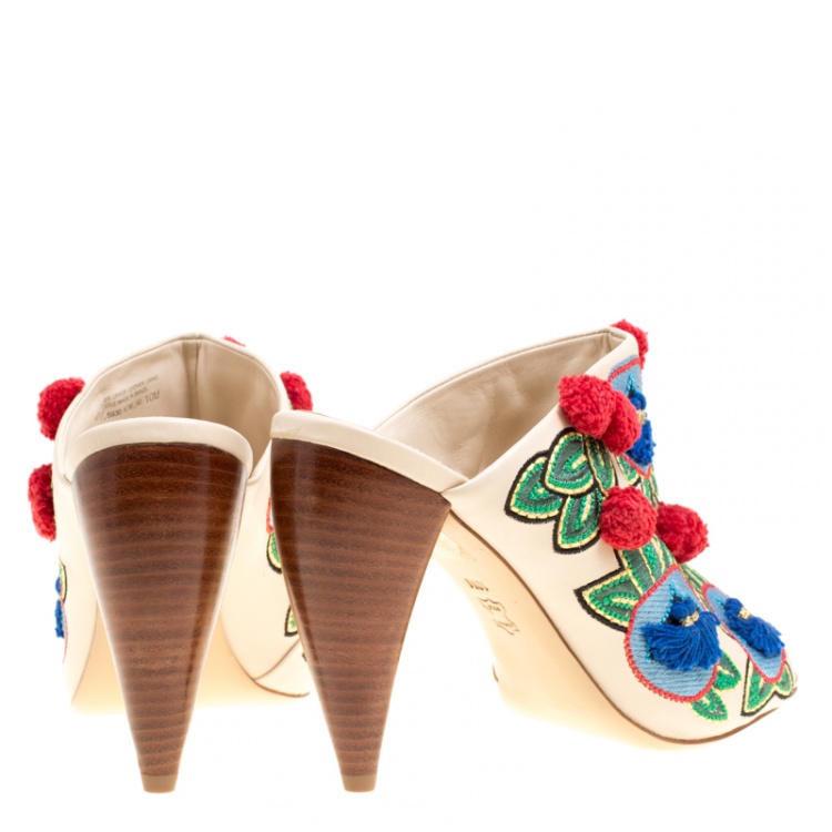 مملوكة مسبقًا Tory Burch Multicolor Embroidered Leather Ellis Peep Toe Mules Size 40