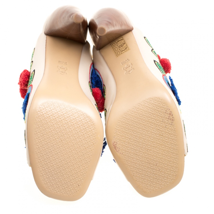 مملوكة مسبقًا Tory Burch Multicolor Embroidered Leather Ellis Peep Toe Mules Size 40