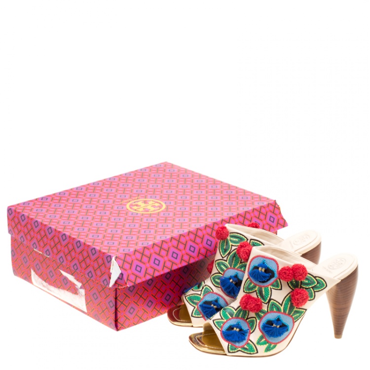 مملوكة مسبقًا Tory Burch Multicolor Embroidered Leather Ellis Peep Toe Mules Size 40