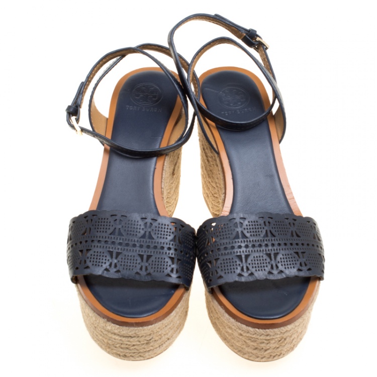 Pre Owned Tory Burch Navy Blue Laser Cut Leather Roselle Espadrille Platform Sandals Size 40
