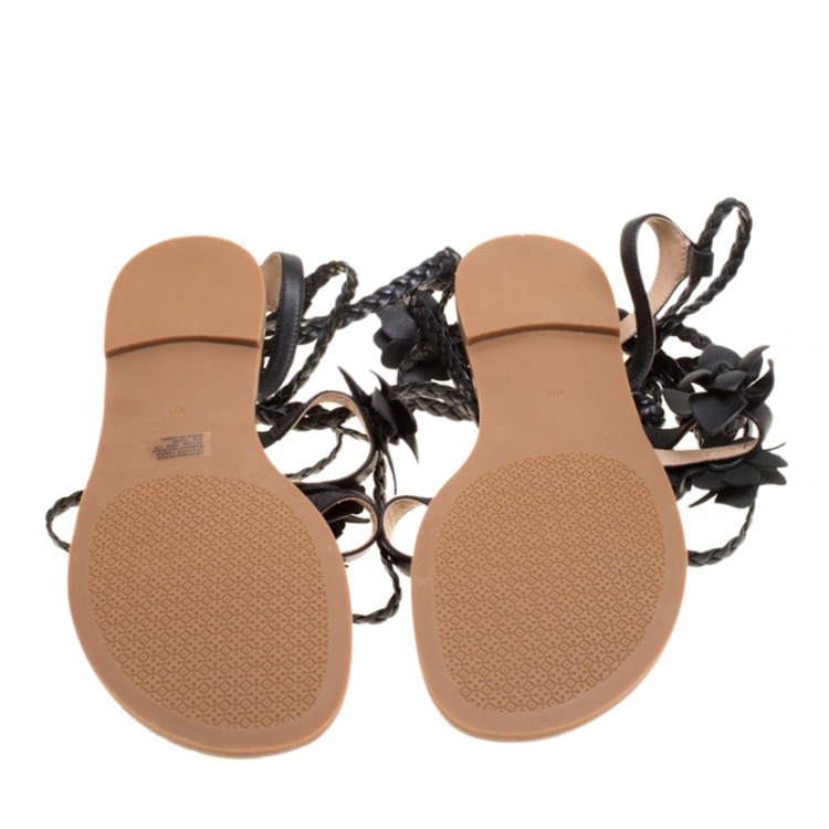 Pre Owned Tory Burch Black Leather Blossom Floral Embellished Gladiator Sandals Size 40.5
