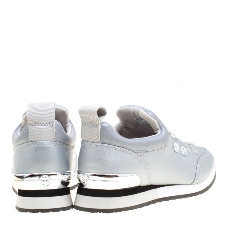 مملوكة مسبقًا Tory Burch Metallic Silver Leather Laney Crystal Embellished Slip On Sneakers Size 36